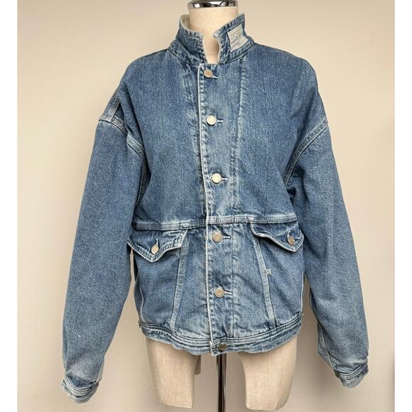 Vintage Esprit Jeans Denim Bomber Jacket Corduroy Stand Collar 80s 90s Large - Picture 2 of 13